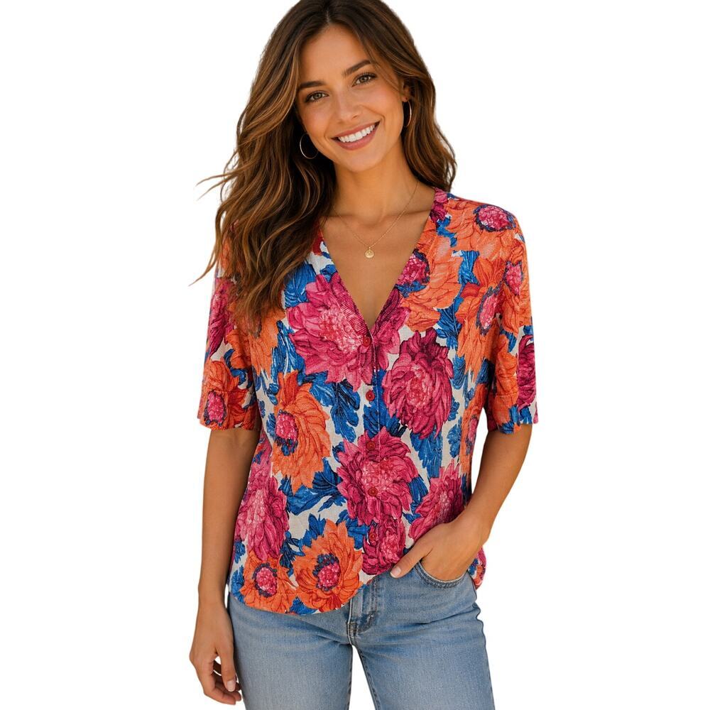 Talbots bright floral knit 1/2 sleeve S cardigan button up career teacher casual